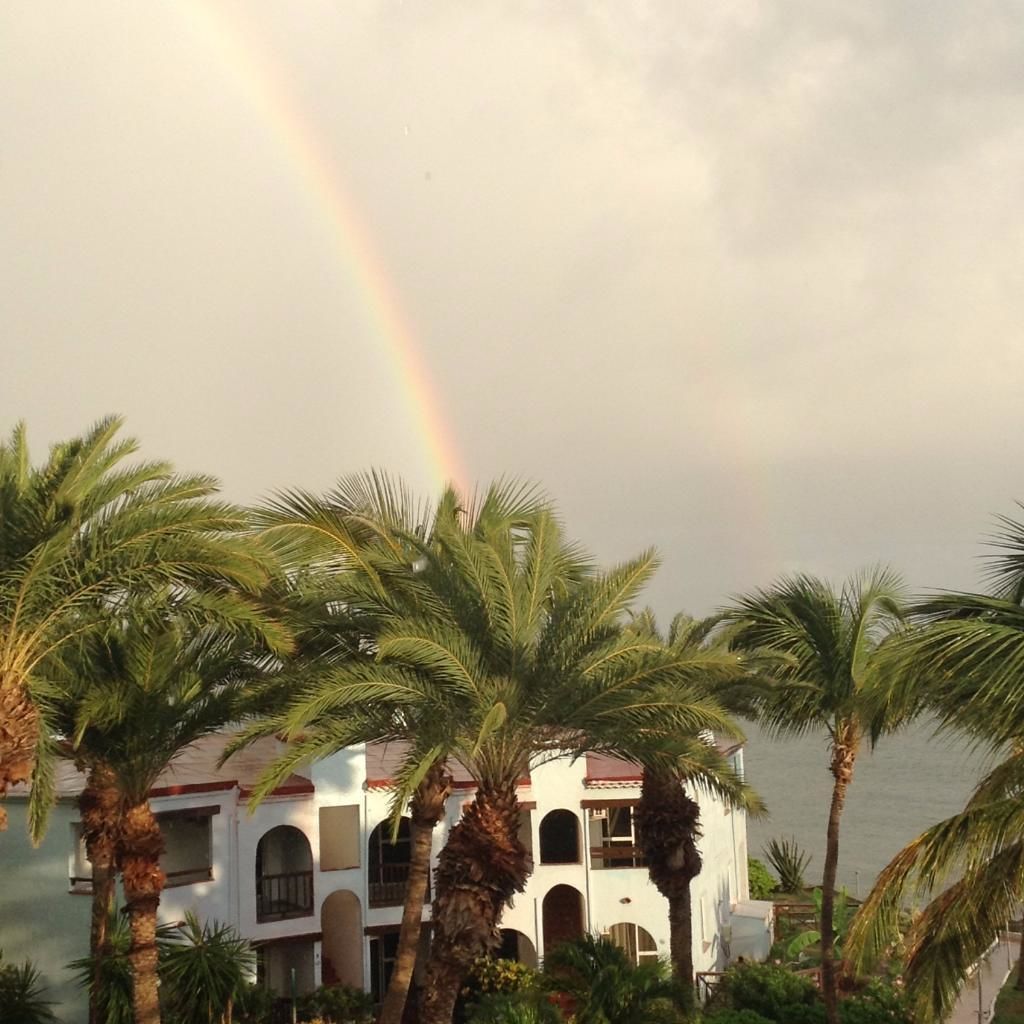Ein Gebäude mit weißer Fassade und rotem Dach, umgeben von Palmen, mit einem Regenbogen im Hintergrund.