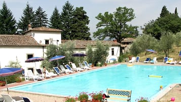 Piscina stagionale all'aperto, ombrelloni da piscina, lettini