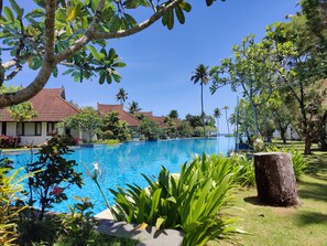 A swimming pool surrounded by lush greenery and traditional buildings with red-tiled roofs. - Rhythm Kumarakom (Kottayam)