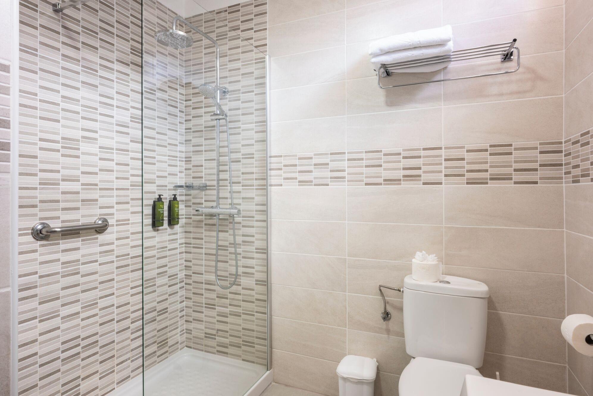 Ein Badezimmer mit Duschkabine aus Glas, Toilette und Handtuchhalter.