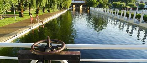 A canal with a bridge in the background, a railing in the foreground, and trees lining the path.