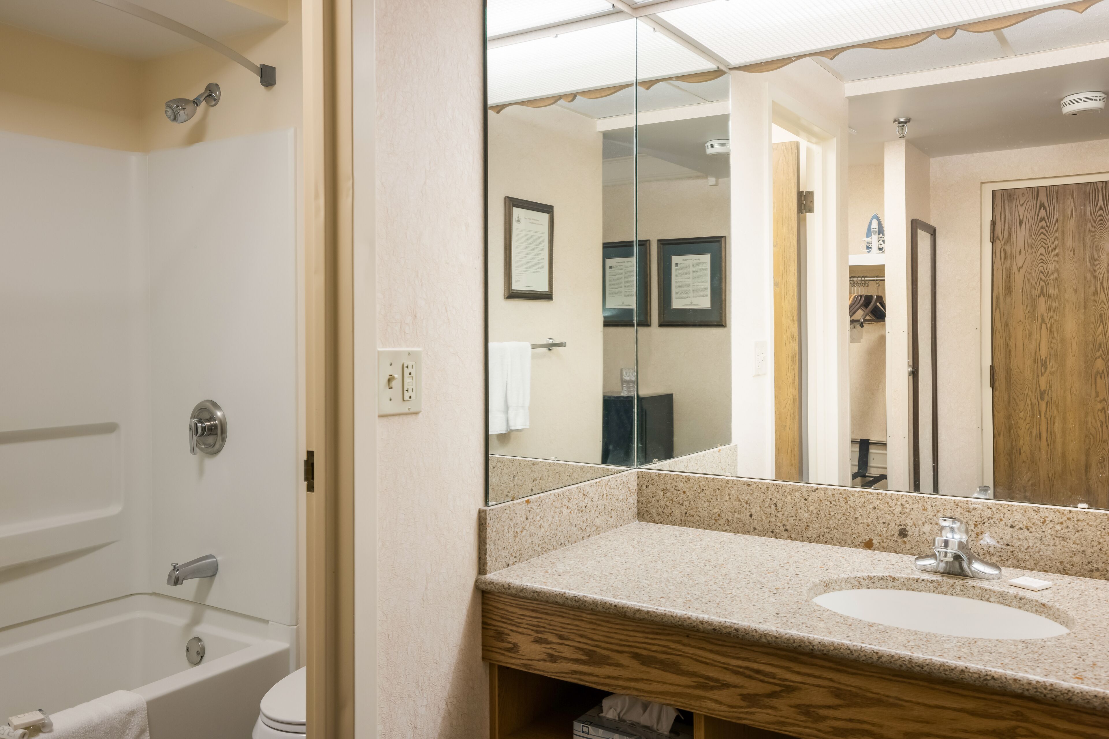 combined shower/bathtub, free toiletries, hair dryer, towels