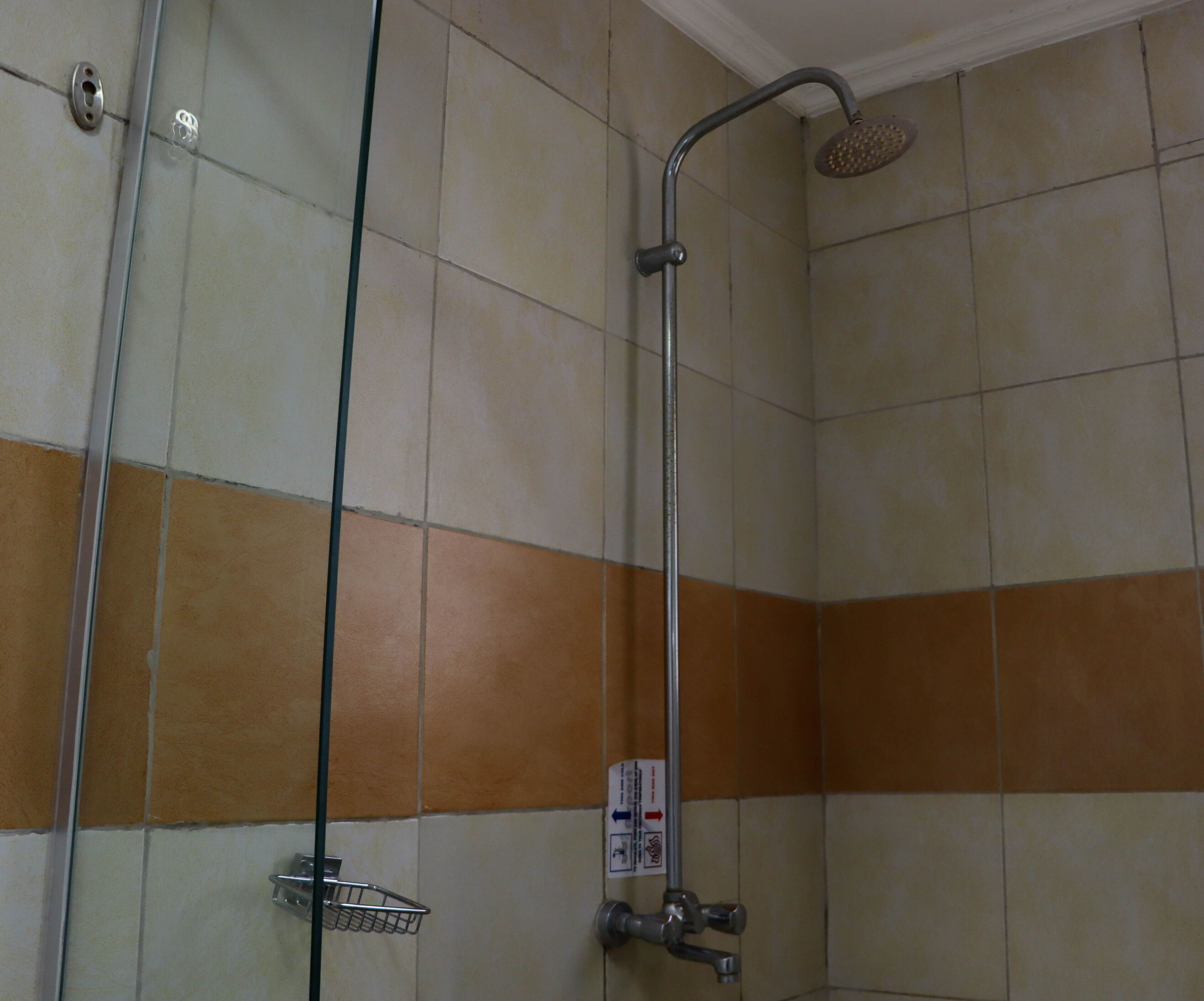 A shower area with a glass door, a showerhead, and a handrail.