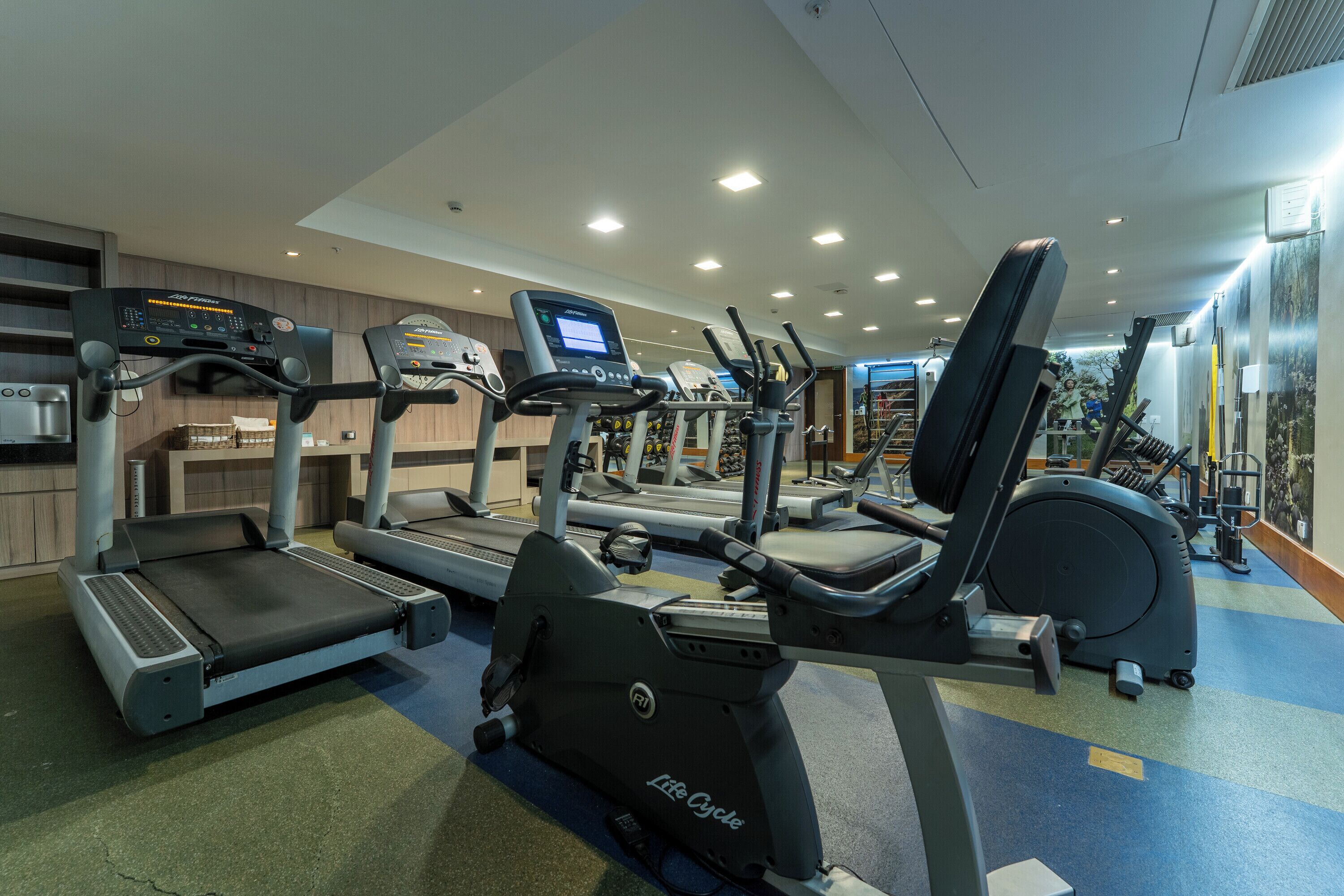 A gym with treadmills, elliptical machines, and weight equipment.