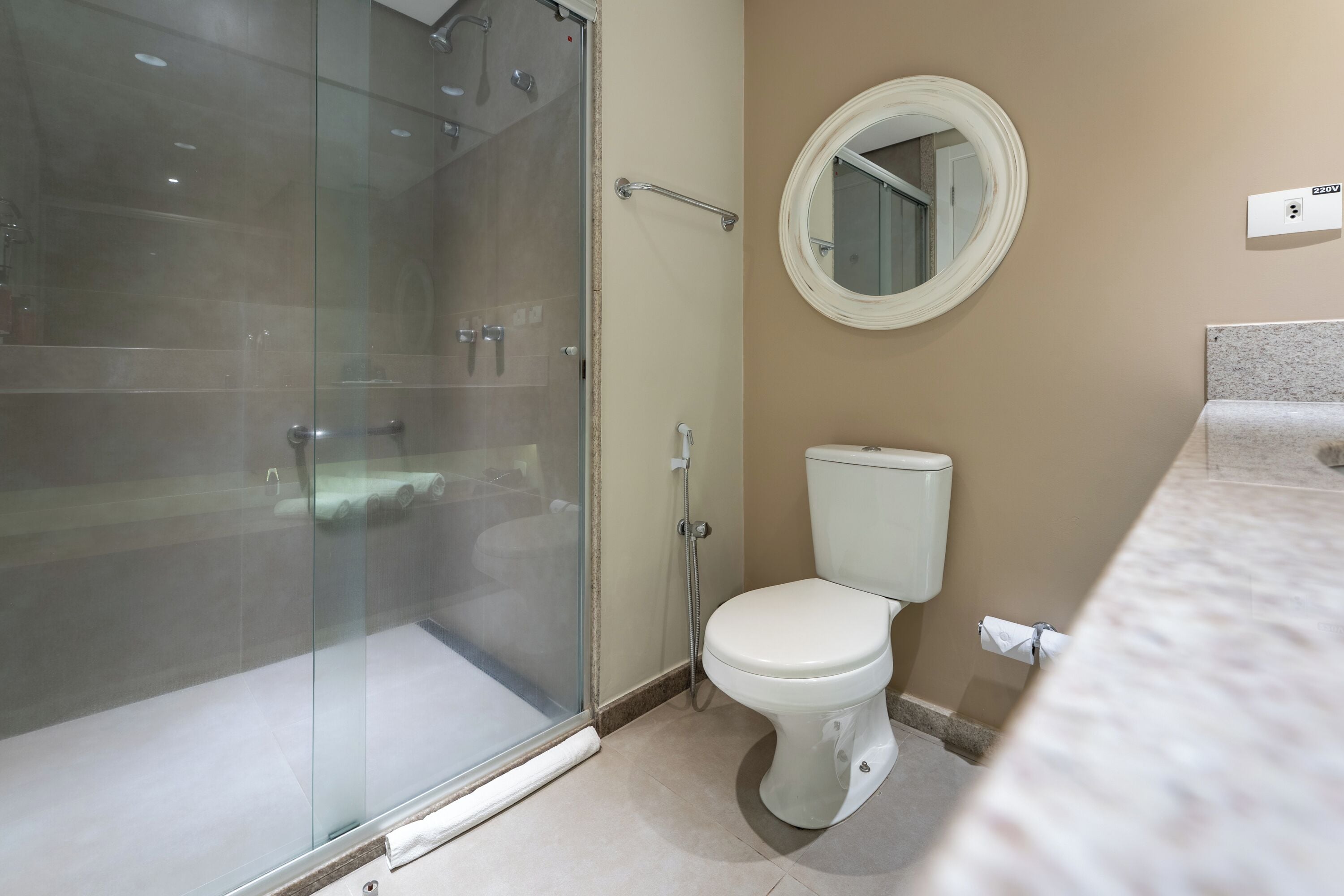 A bathroom with a glass-enclosed shower, a toilet, and a sink with a marble countertop.