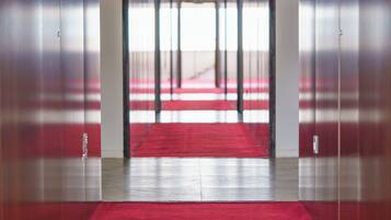 A corridor with a red carpet leading to a door with a metallic handle.