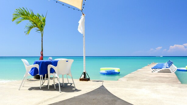 A beachside dining area with a table and chairs under a canopy, a palm tree, and a view of the ocean. - Kaz Kreol Beach Lodge & Wellness Retreat (Ocho Rios)