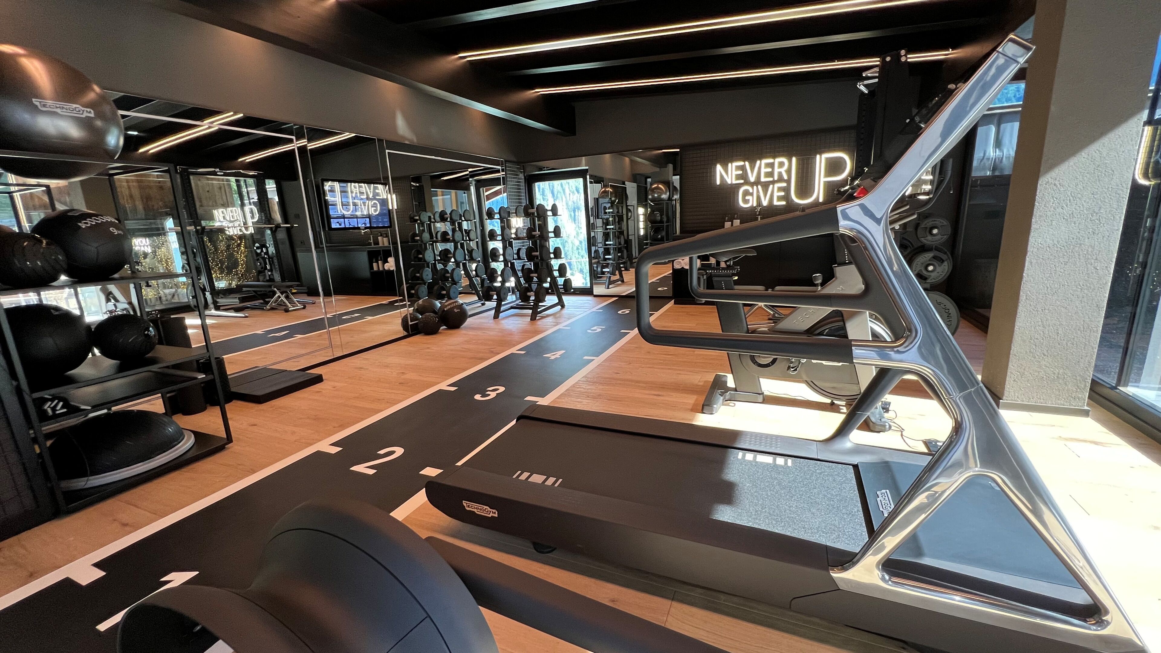 A gym with treadmills, weight machines, and various free weights.