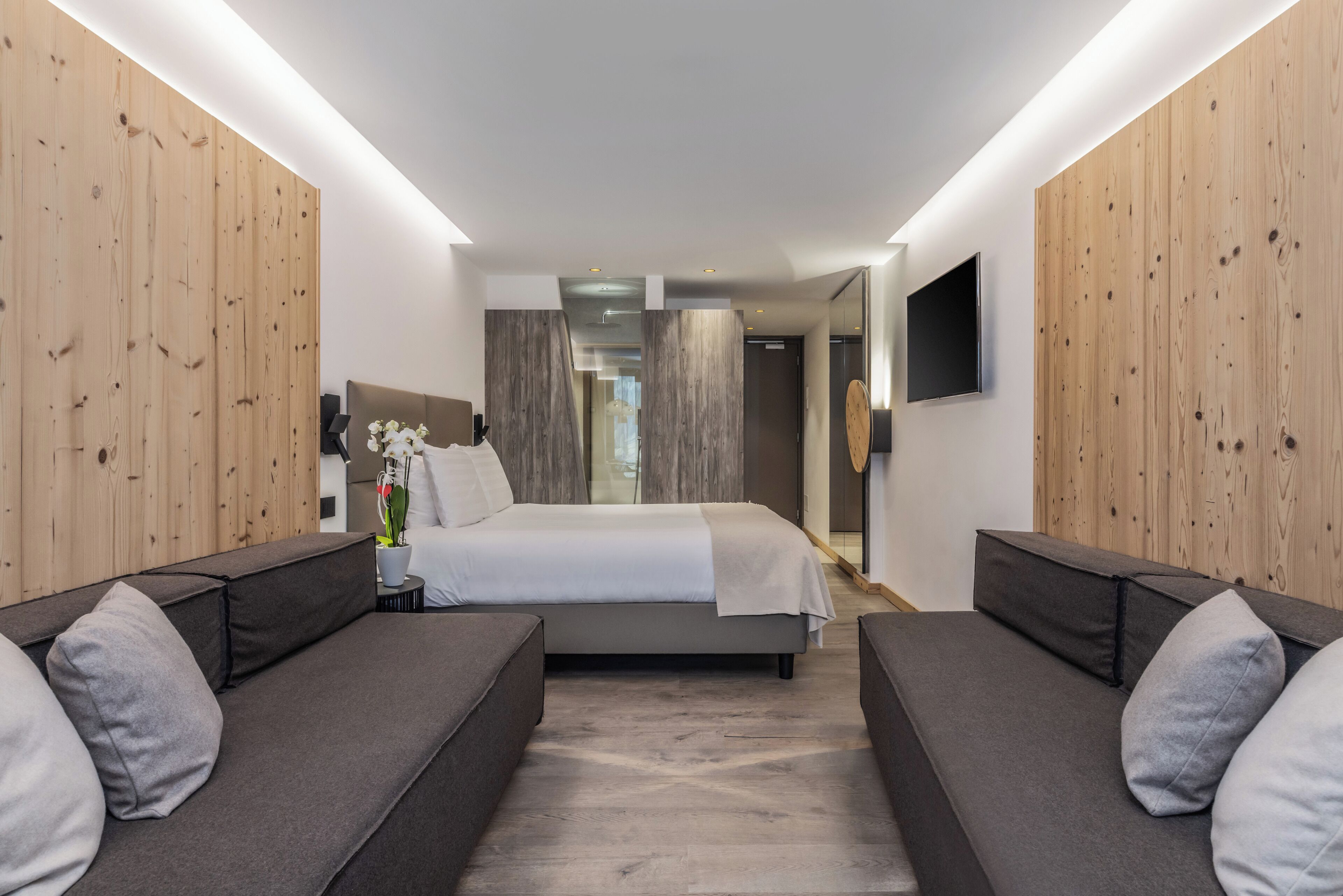 Une chambre d’hôtel moderne avec un grand lit, deux canapés, des murs recouverts de panneaux en bois, un téléviseur à écran plat et une plante en pot.