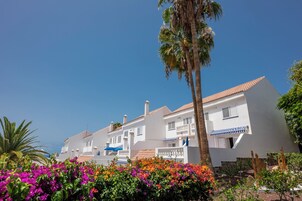 Una hilera de edificios blancos con techos de tejas rojas, rodeados de flores coloridas y una palmera.