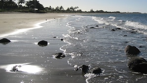 A beach with clear water, rocks, and palm trees in the background. - Tropical Beach Caravan Park (Bowen)