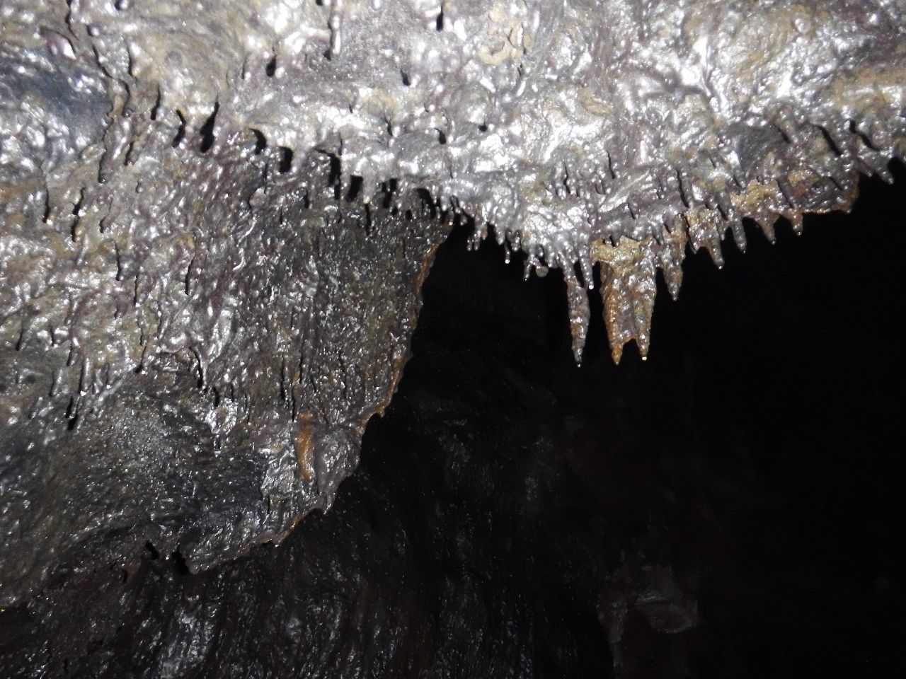 A close-up of a cave interior with stalactites and stalagmites.