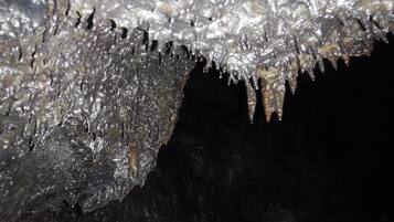 A close-up of a cave interior with stalactites and stalagmites.