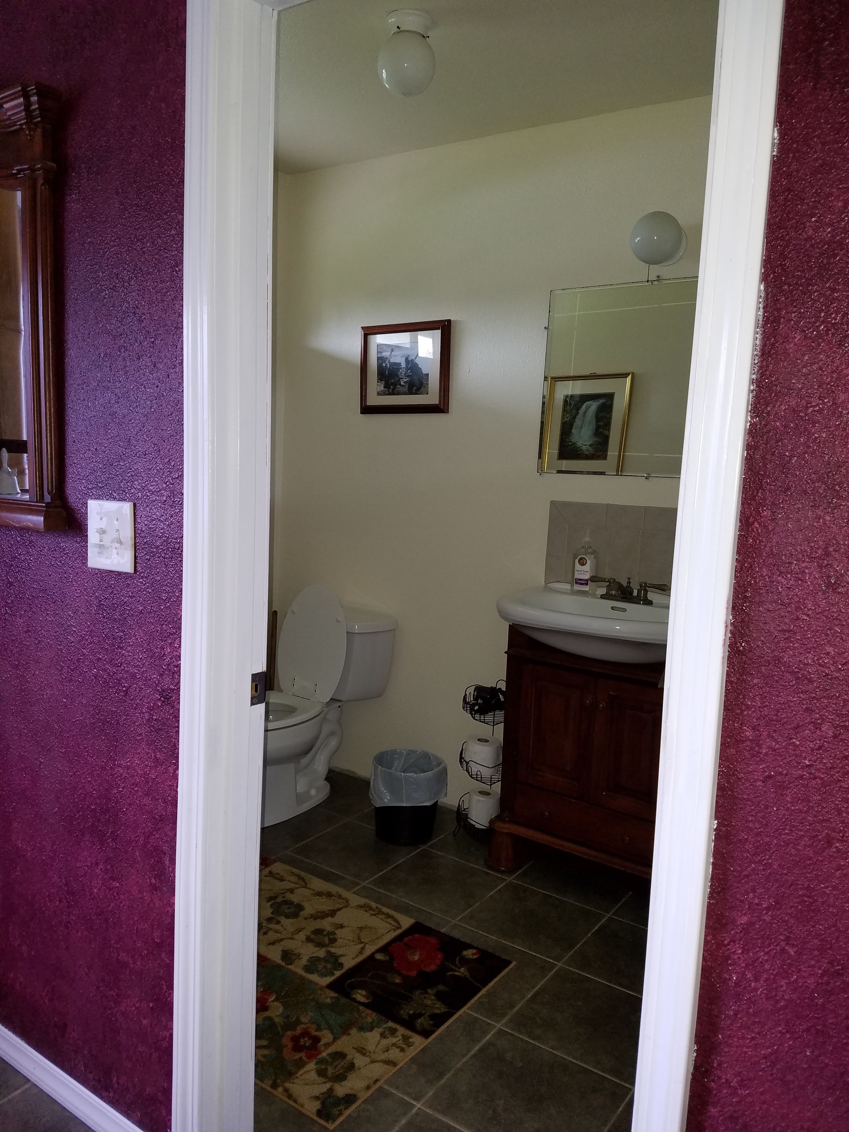 A bathroom with a toilet, sink, and mirror. There is a trash can and a rug on the floor.