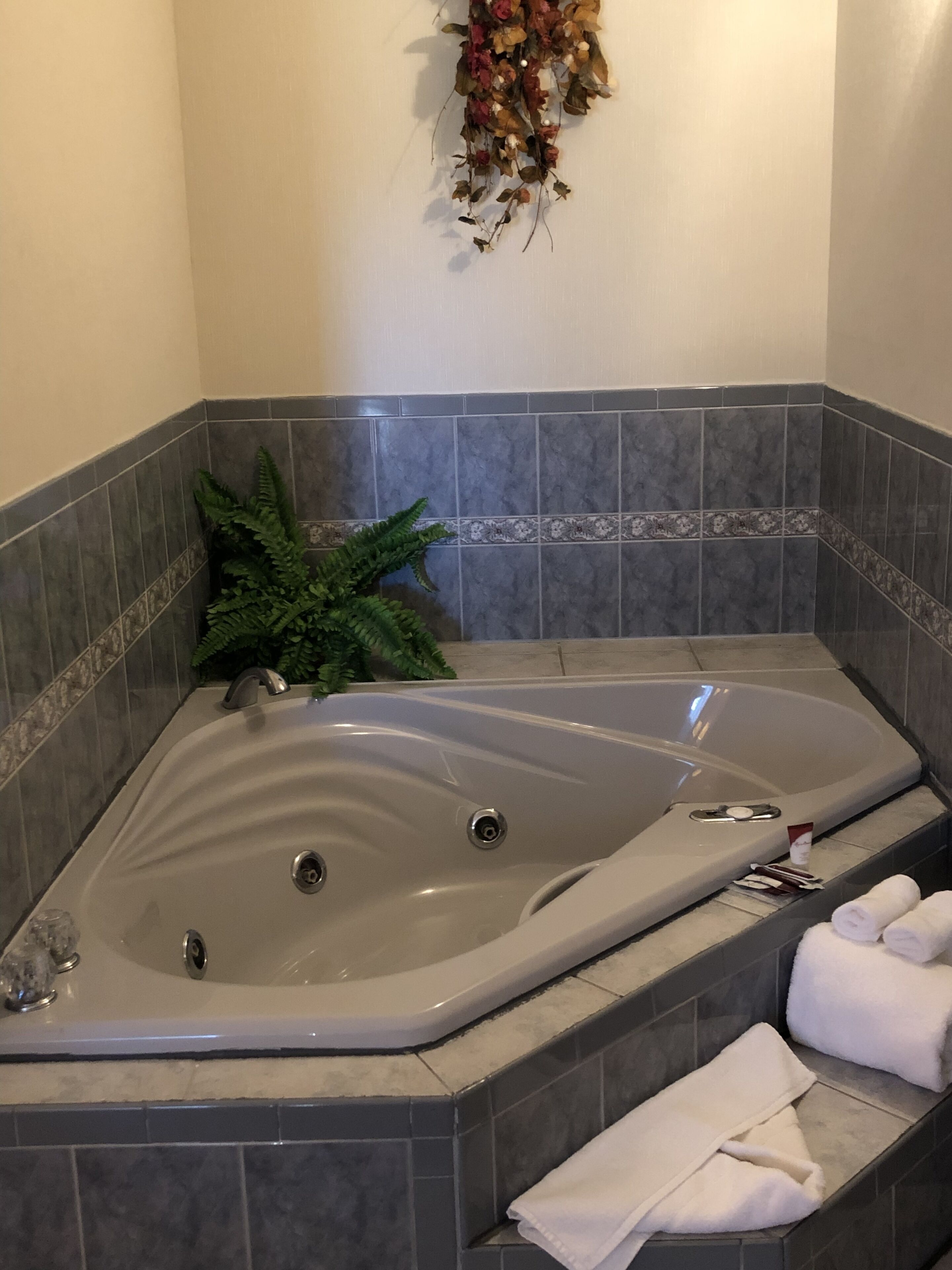 Un baño con una bañera grande, una planta de helecho verde y un adorno de pared decorativo.