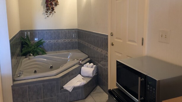A bathroom with a large bathtub, a microwave, and a potted plant. - Wilbraham Inn (Wilbraham)