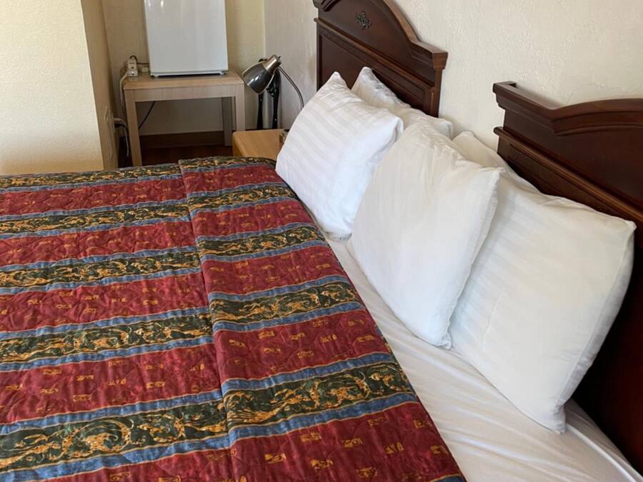 Una habitación de hotel con una cama, una mesita de noche, una lámpara, un microondas y un refrigerador.