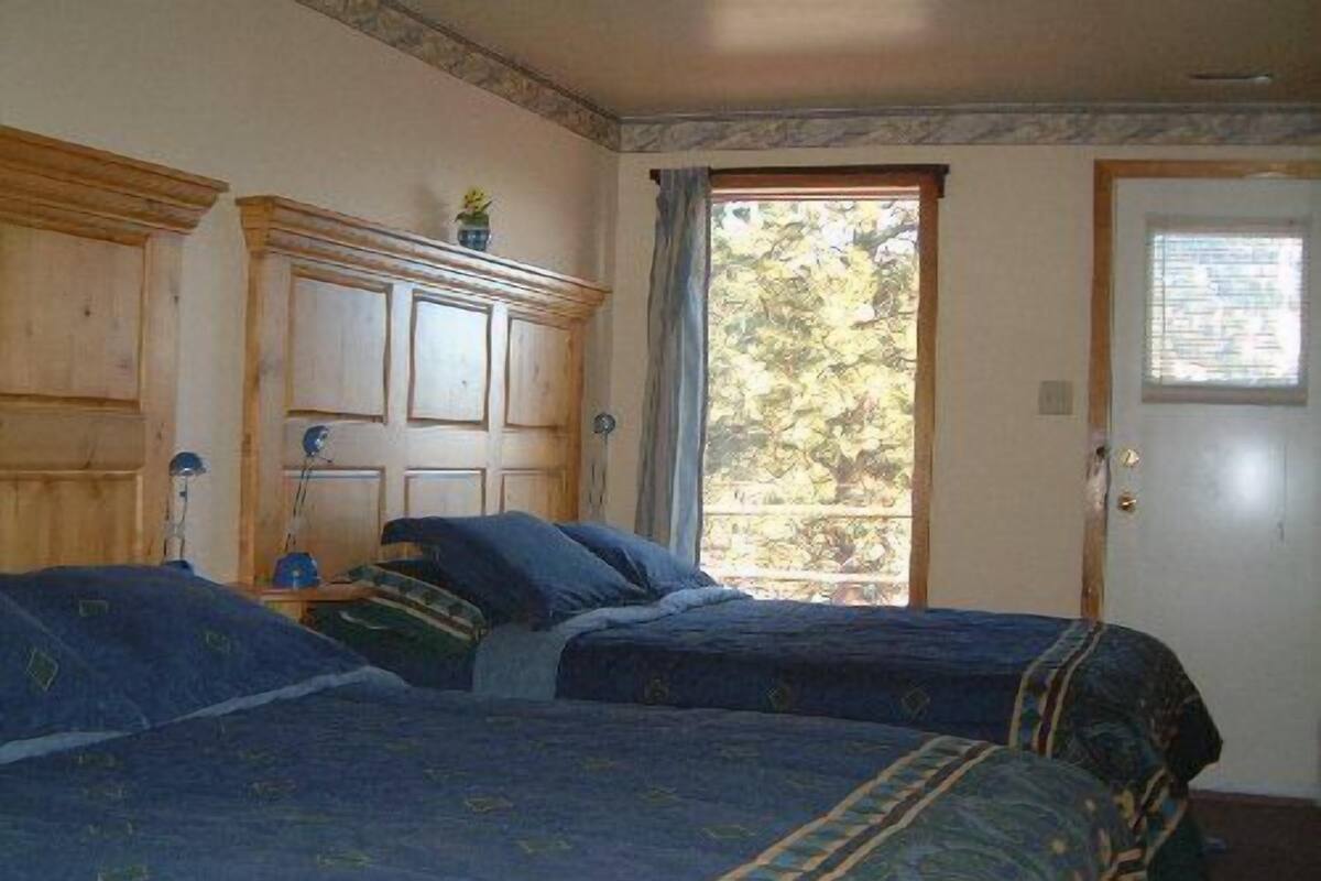 A room with two beds, wooden headboards, a window with a view of trees, and a door with a window.