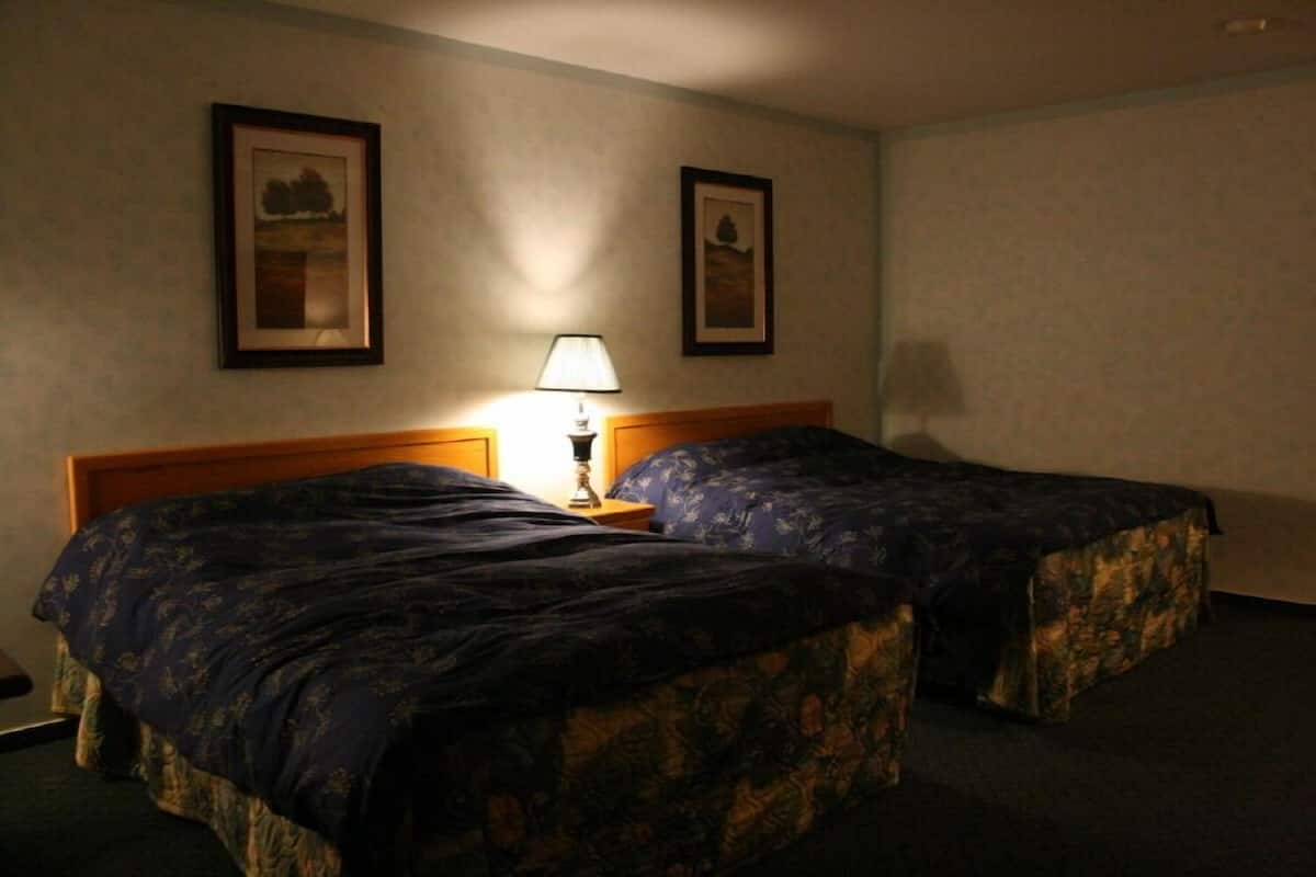 A room with two single beds, a nightstand with a lamp, and framed pictures on the wall.