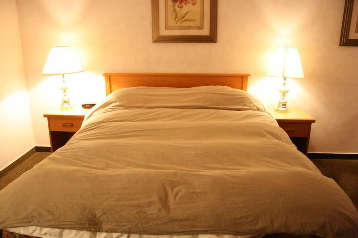 A neatly made bed with a wooden headboard, two bedside tables with lamps, and a framed picture on the wall.