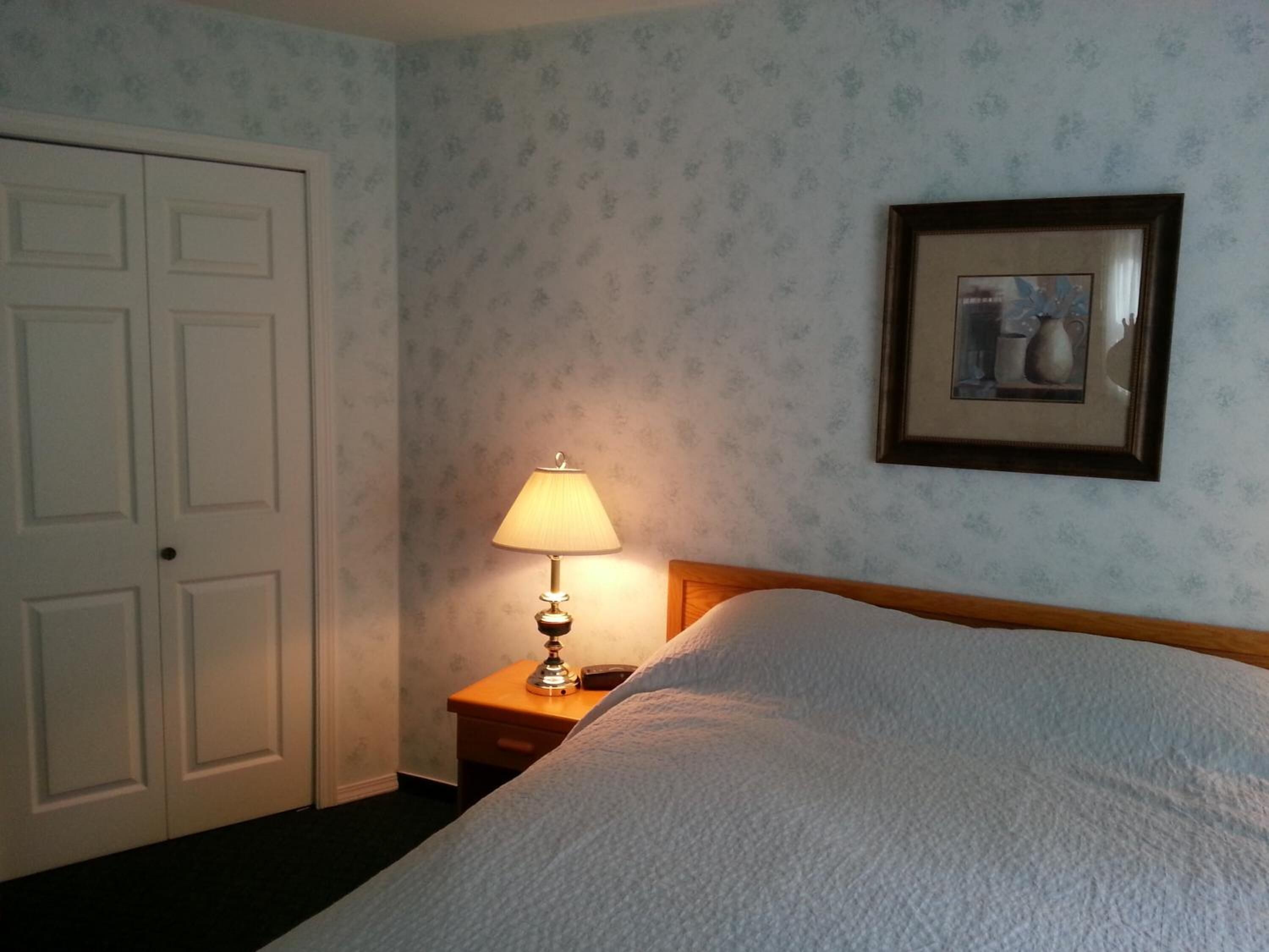 Een hotelkamer met een bed, een nachtkastje met een lamp, een lijst met een foto aan de muur en een deur.