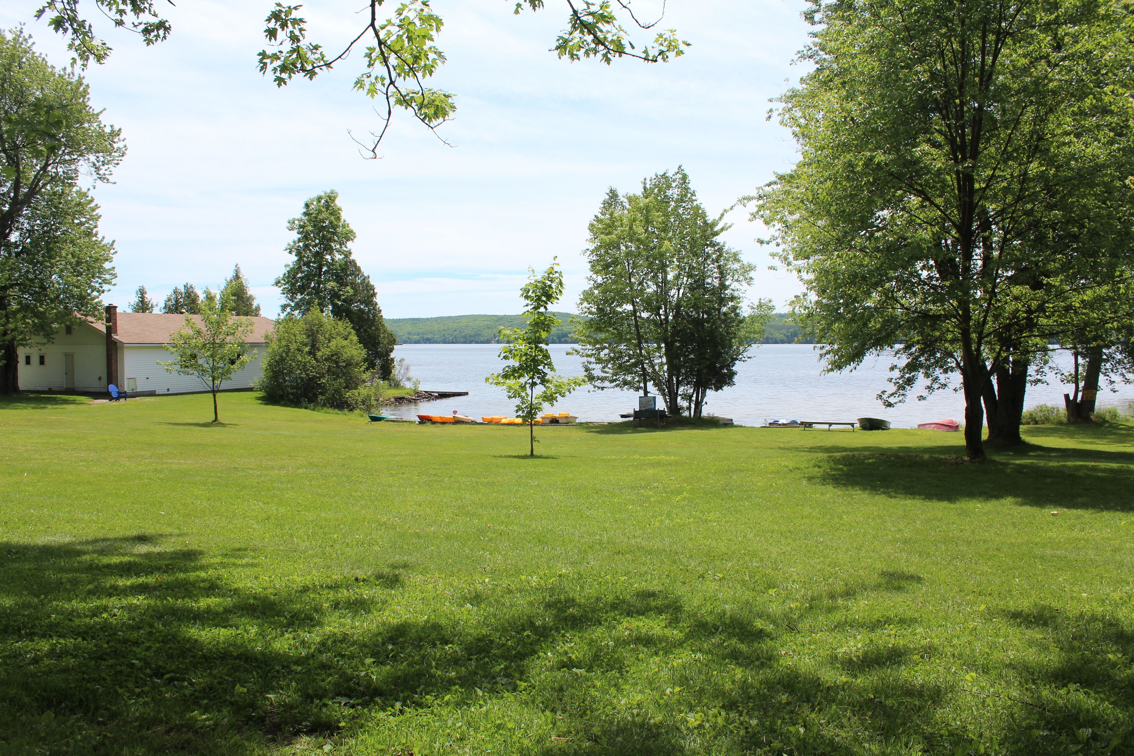 A grassy area with trees and a lake. There is a building in the background.