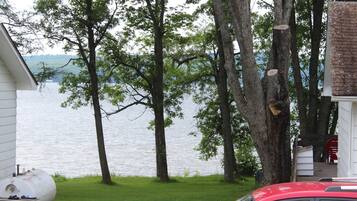 A lakeside property with a white house, a red car, and a large tree with a cut trunk.