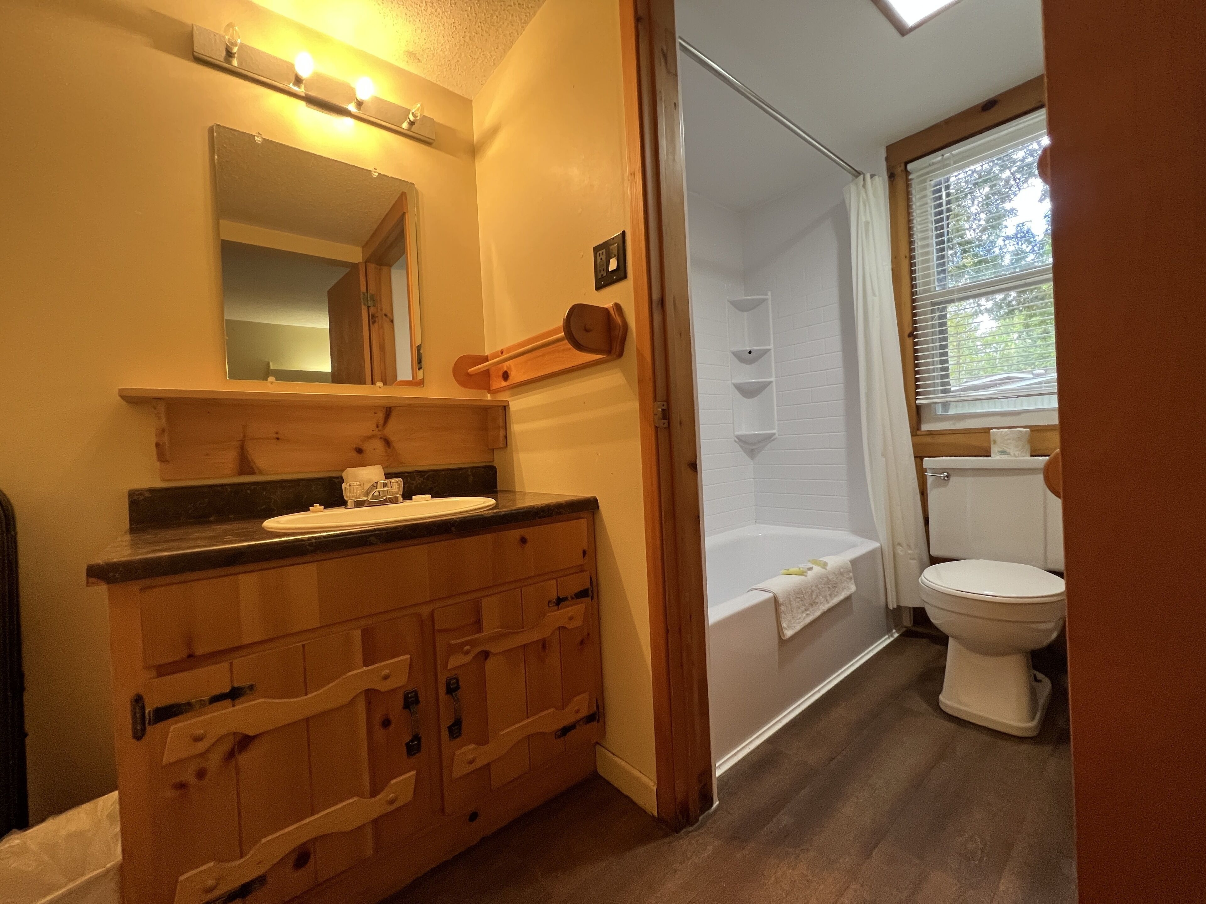 A bathroom with a wooden vanity, a mirror, a shower, and a toilet.