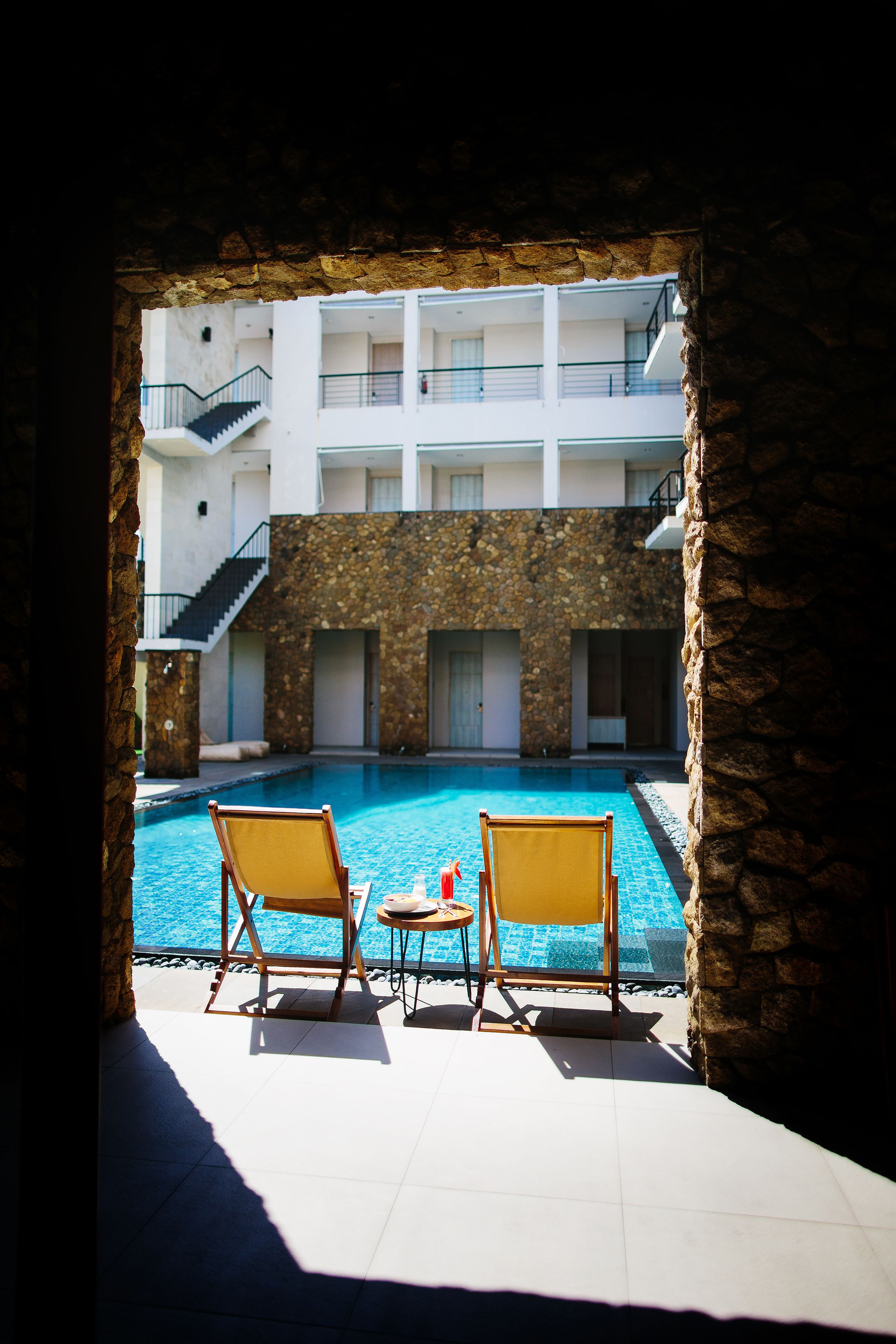 Outdoor pool, pool umbrellas, pool loungers