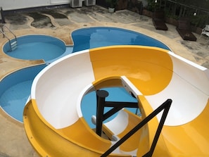 Outdoor pool, pool umbrellas, pool loungers