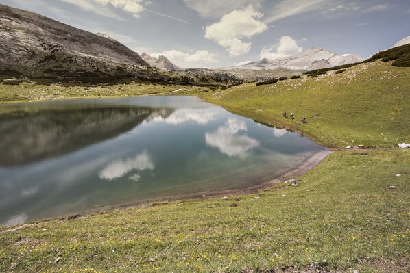 Un paisaje sereno con un lago, zonas de césped y montañas a lo lejos.