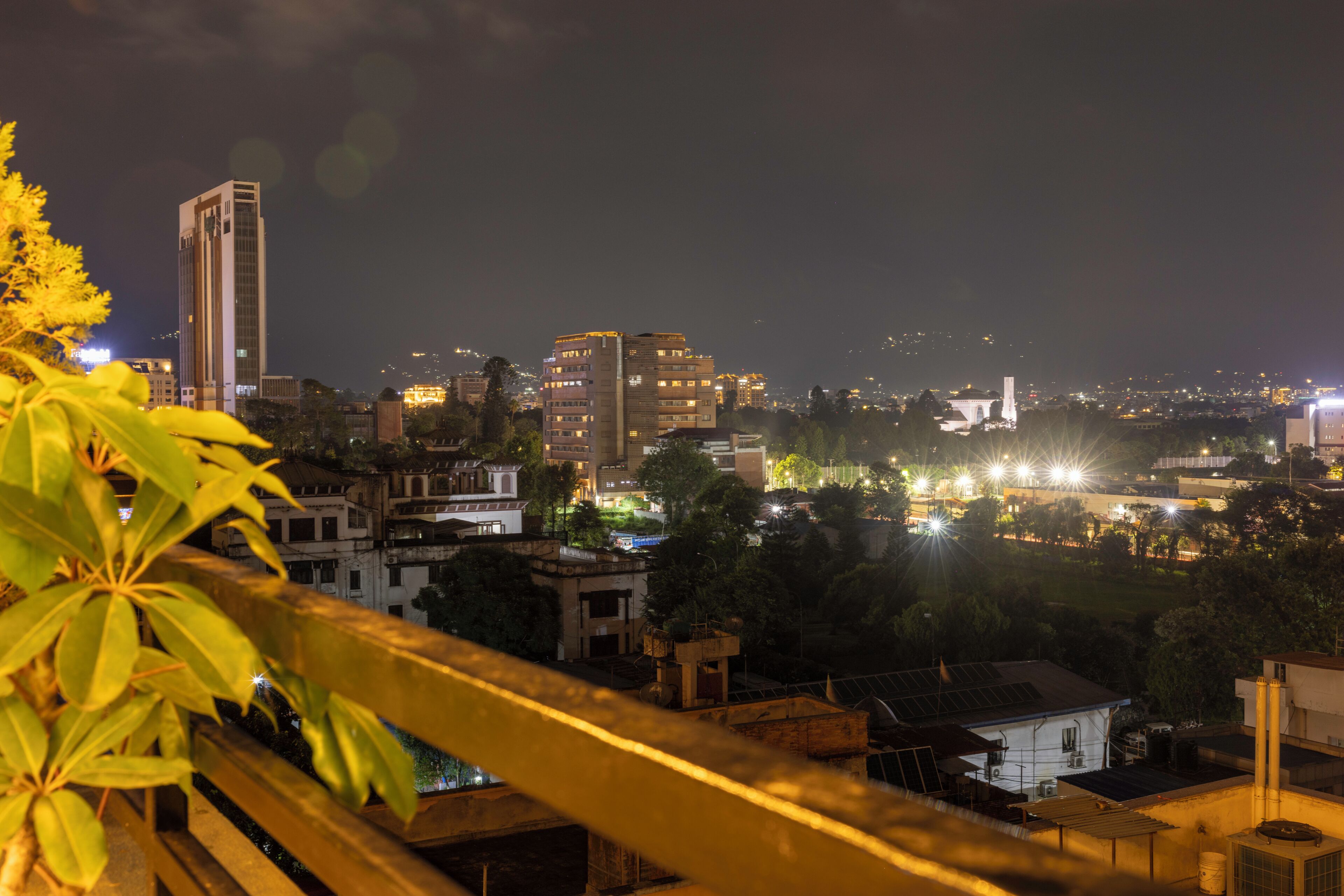 A nighttime cityscape with buildings and a balcony with foliage.