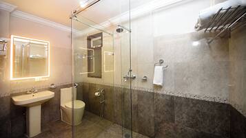 Un baño moderno con ducha de vidrio, lavamanos pedestal y retrete.