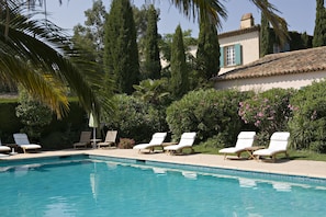 A swimming pool with white lounge chairs and a palm tree. - Hôtel Saint-Vincent (Ramatuelle)