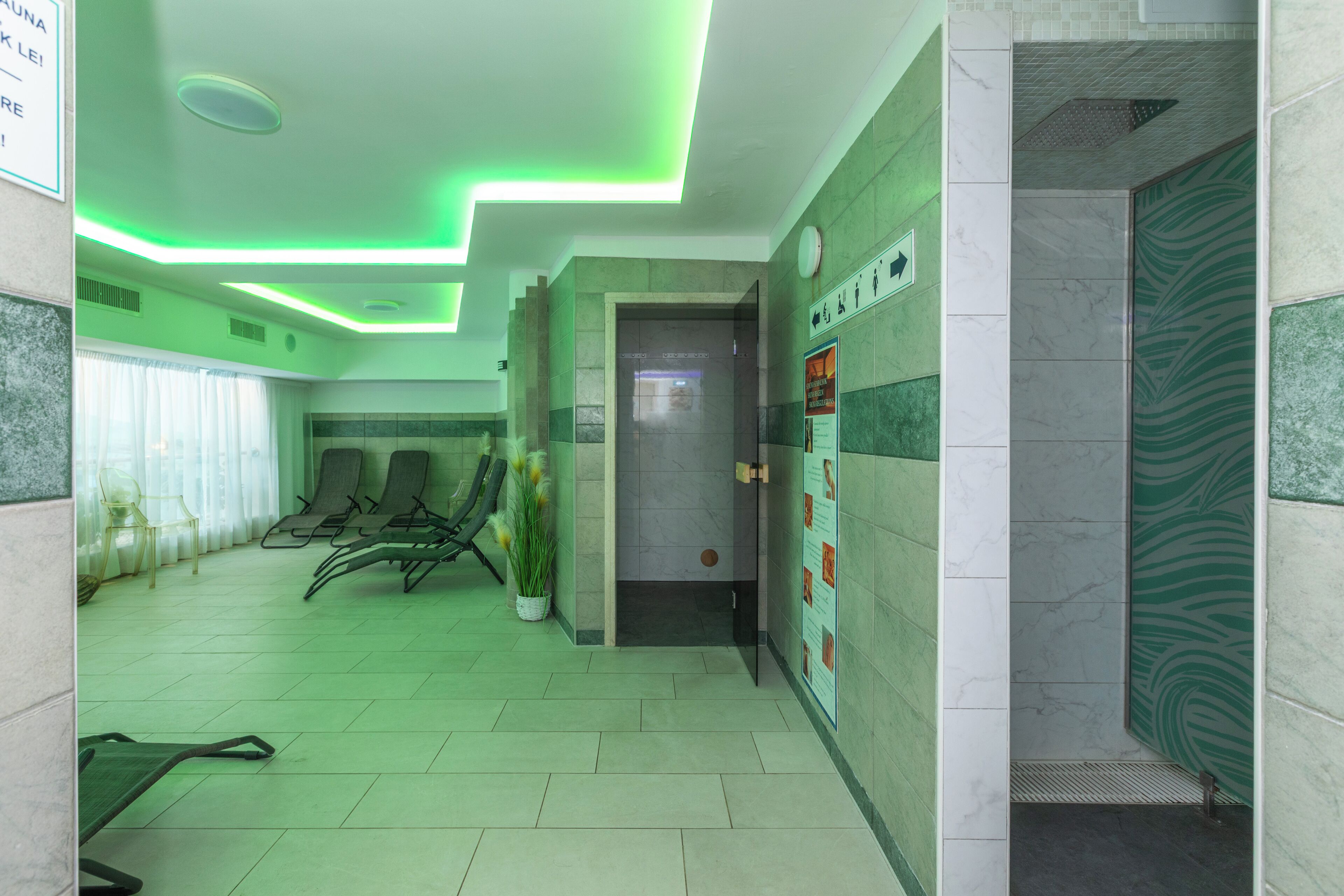 A waiting area with chairs, a potted plant, and a door leading to a bathroom.