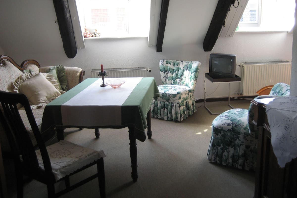 A cozy room with a dining table, two chairs, a television, and a radiator.