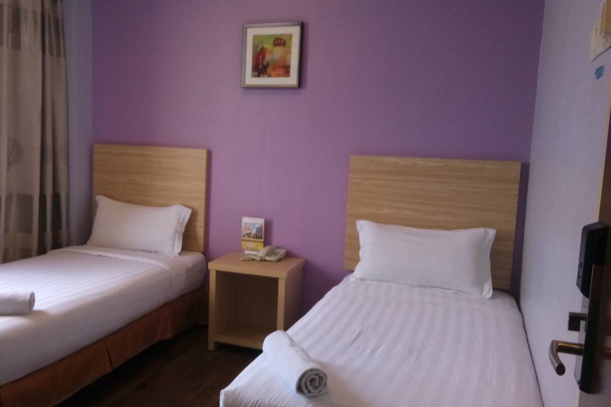 A hotel room with two single beds, a wooden headboard, a nightstand with a phone, and a purple wall with a framed picture.