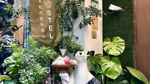 A hotel entrance with a large banner, a decorative polar bear statue, and lush greenery. - Ximen Triple Tiger Hostel (Taipei)