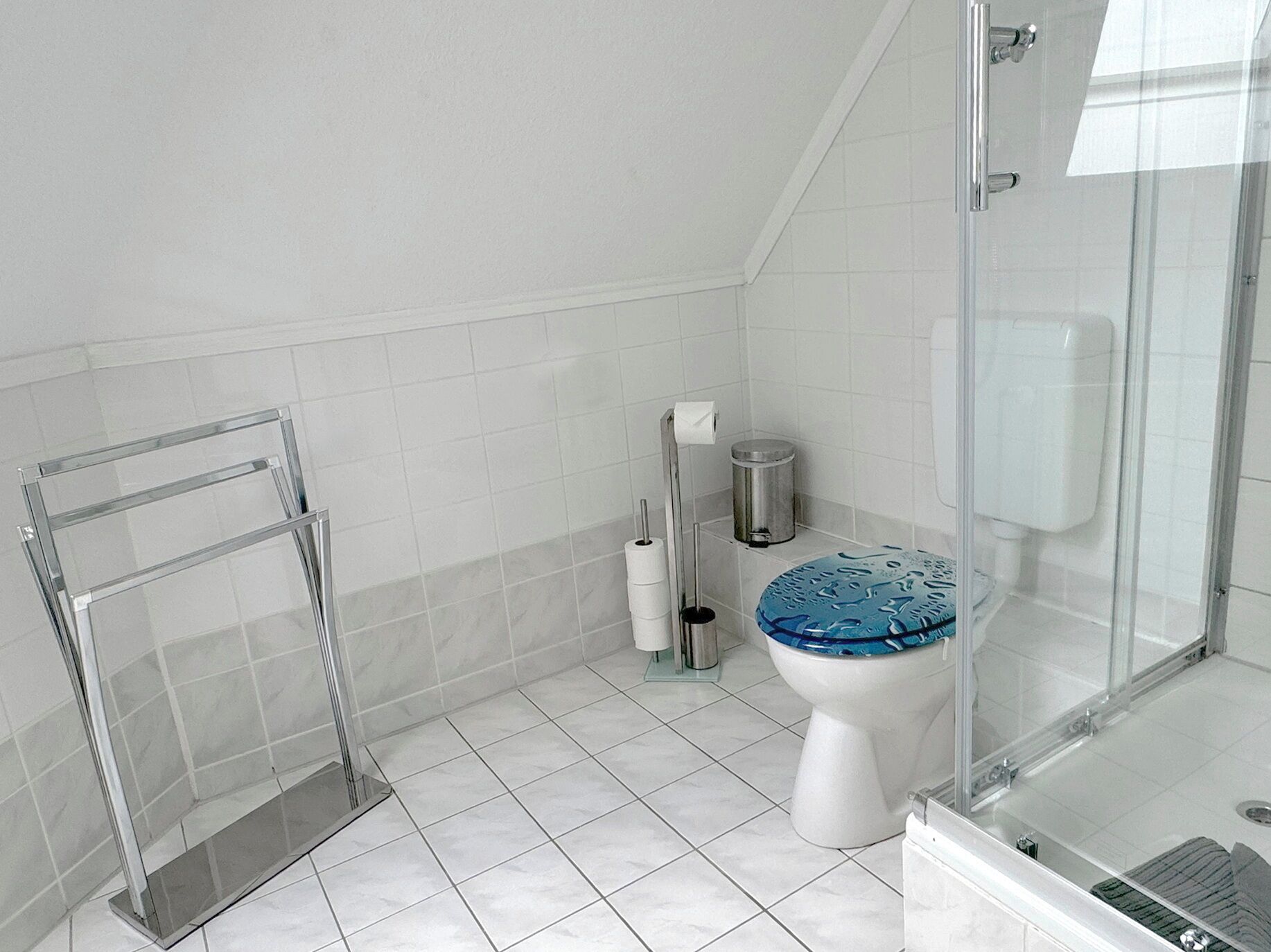A modern bathroom with a glass shower enclosure, a toilet with a blue lid, and a metal towel rack.