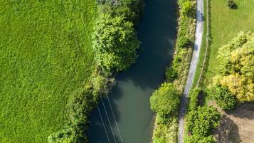 Vista aérea de un río bordeado por exuberante vegetación y un sendero pavimentado.