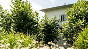 A garden with various plants and a building in the background. - Hôtel du Pont d'Ascain (Ascain)