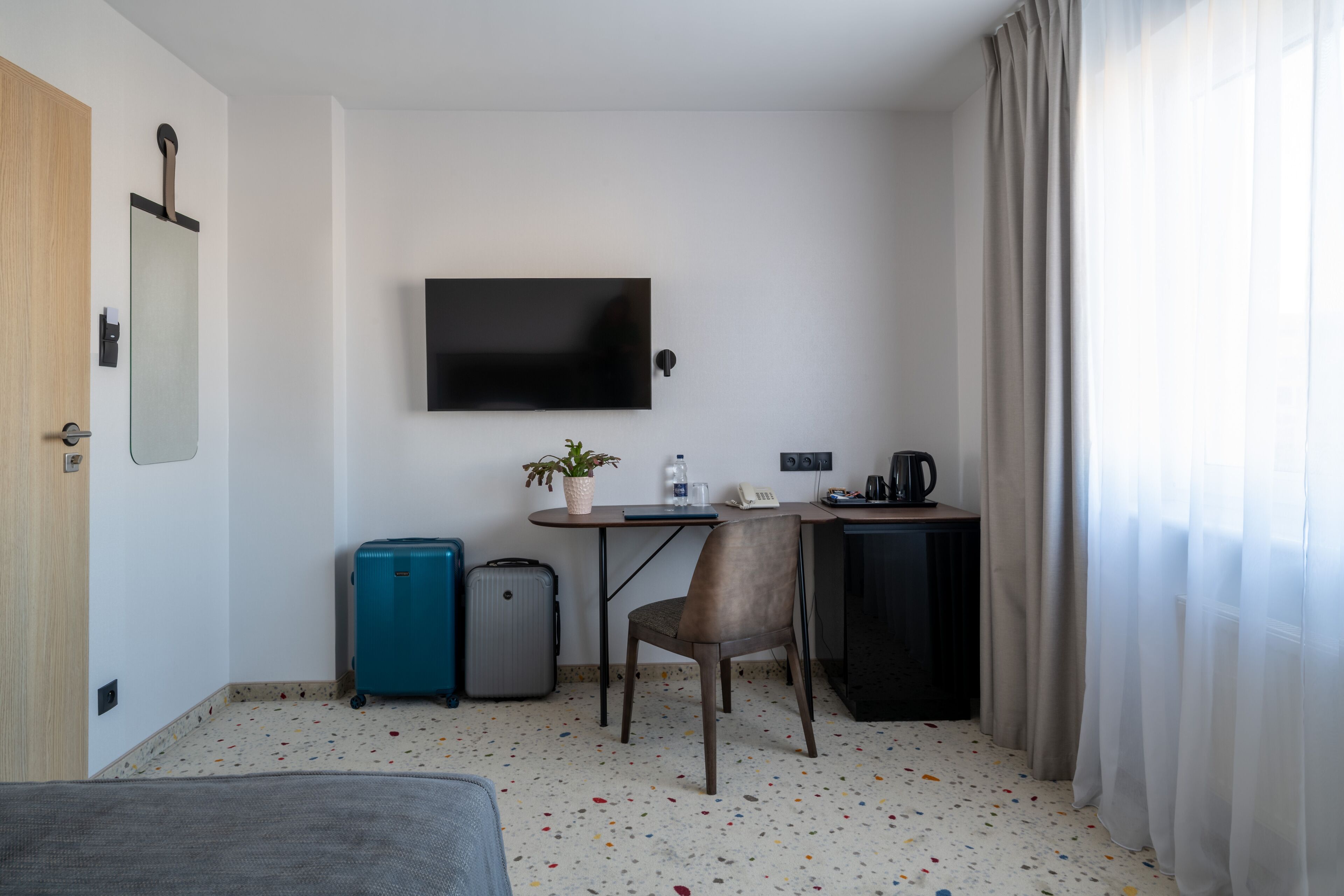 A hotel room with a bed, a desk with a chair, a television, a small table with a plant, a suitcase, and a coffee machine.