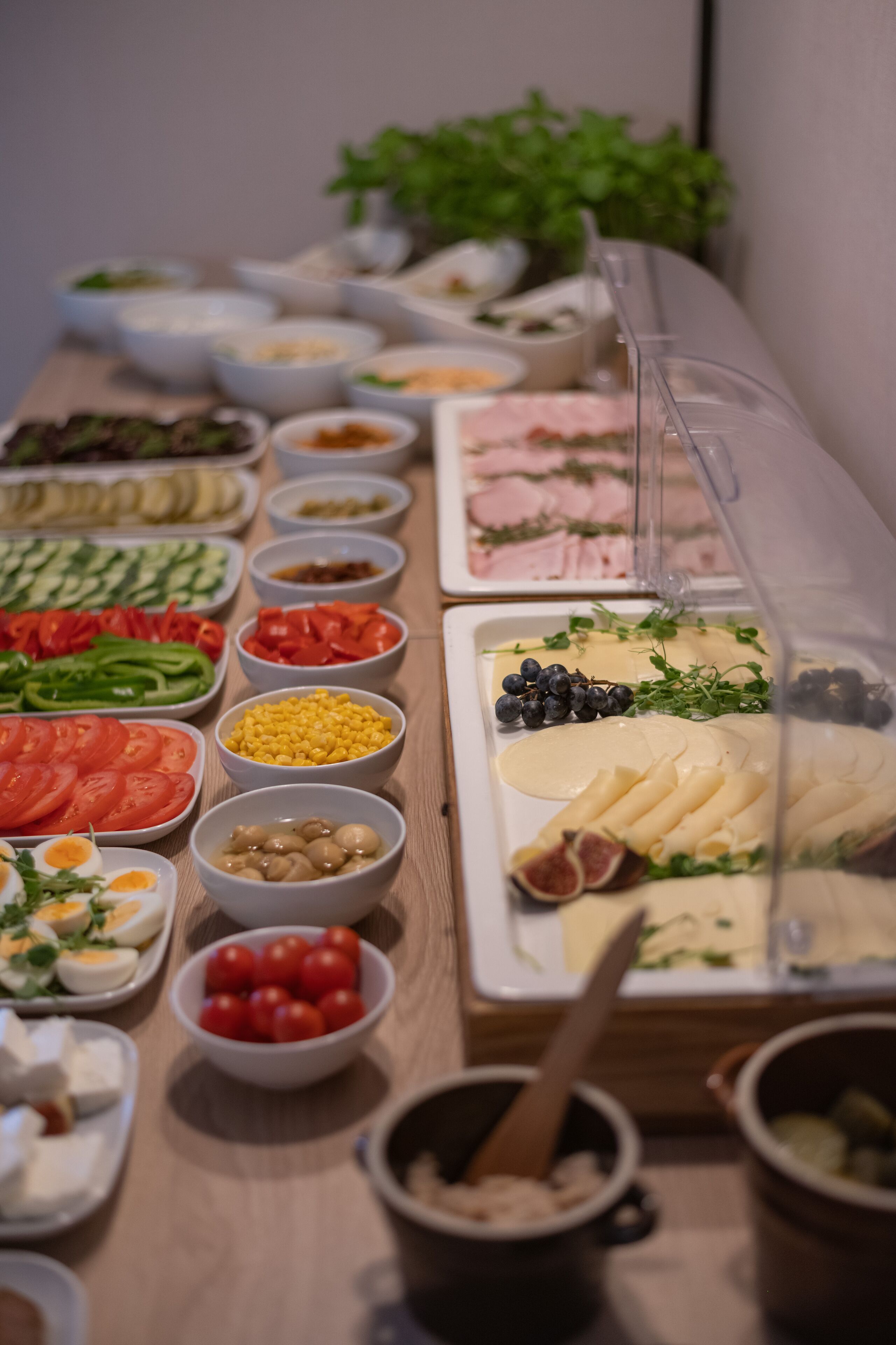 A buffet table with various food items including vegetables, fruits, cheeses, and meats.
