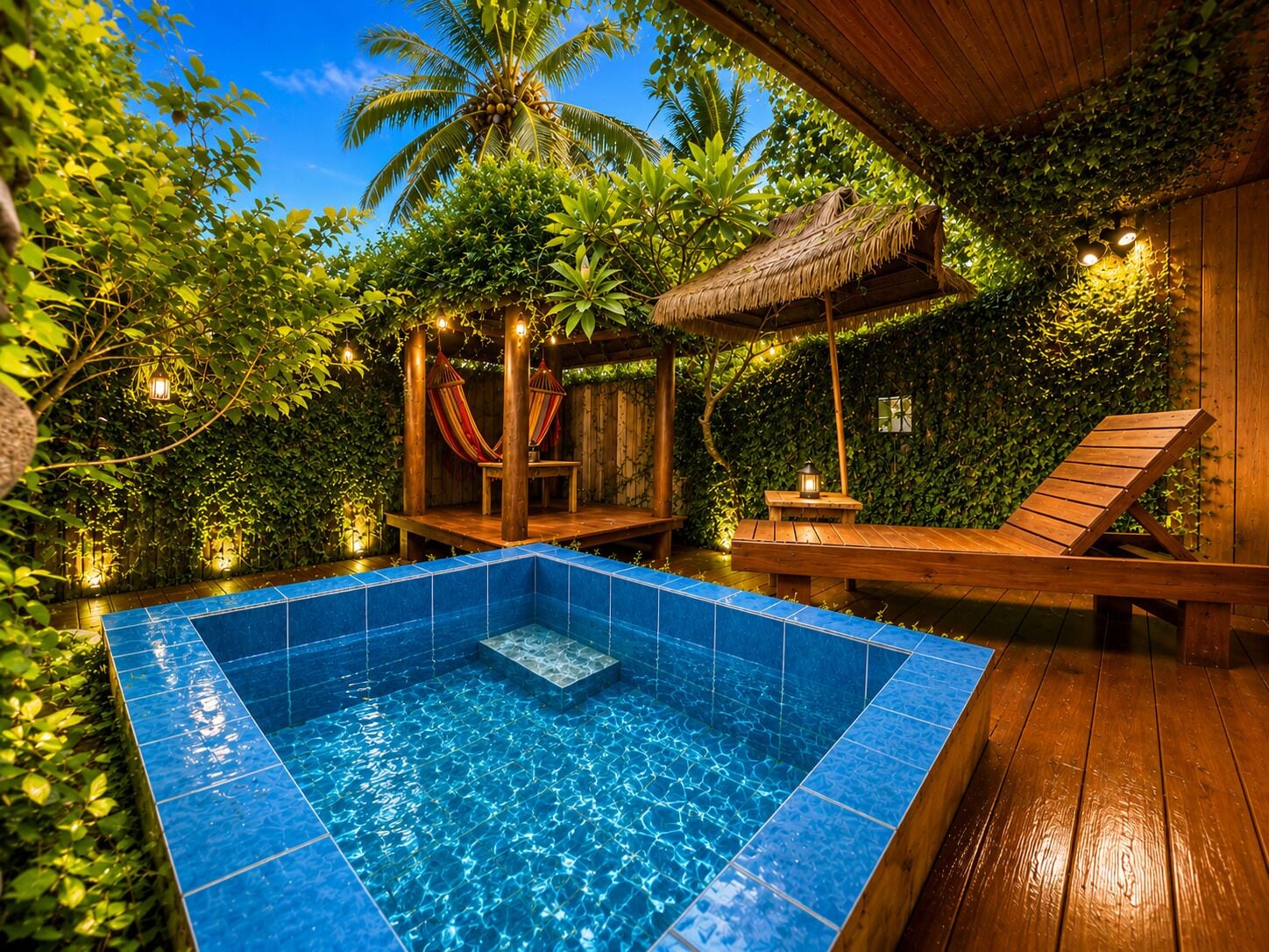 A swimming pool with a wooden deck, surrounded by lush greenery and a thatched-roof structure.