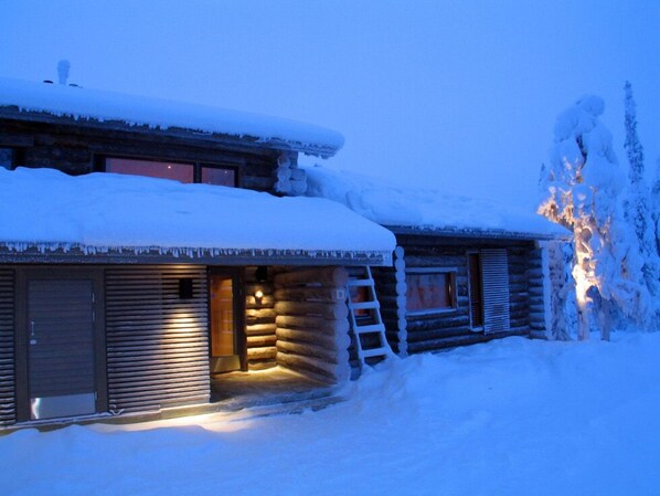 A log cabin with a snow-covered roof and a wooden ladder leading to the entrance.