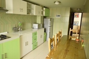 Full-size fridge, microwave, stovetop, dishwasher