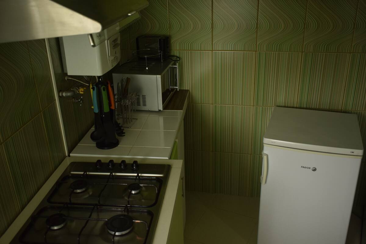 full-sized fridge, microwave, stovetop, dishwasher