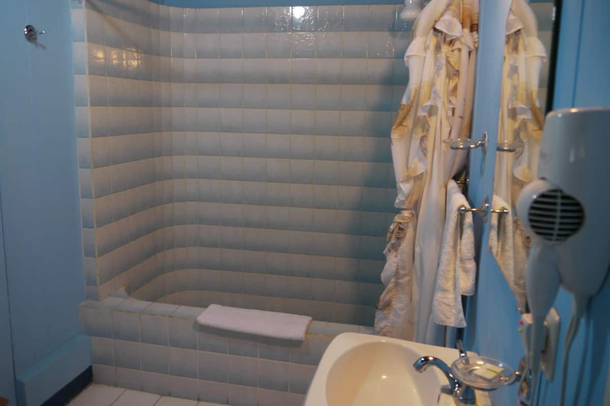 A bathroom with a corner shower, a sink, and a hairdryer.