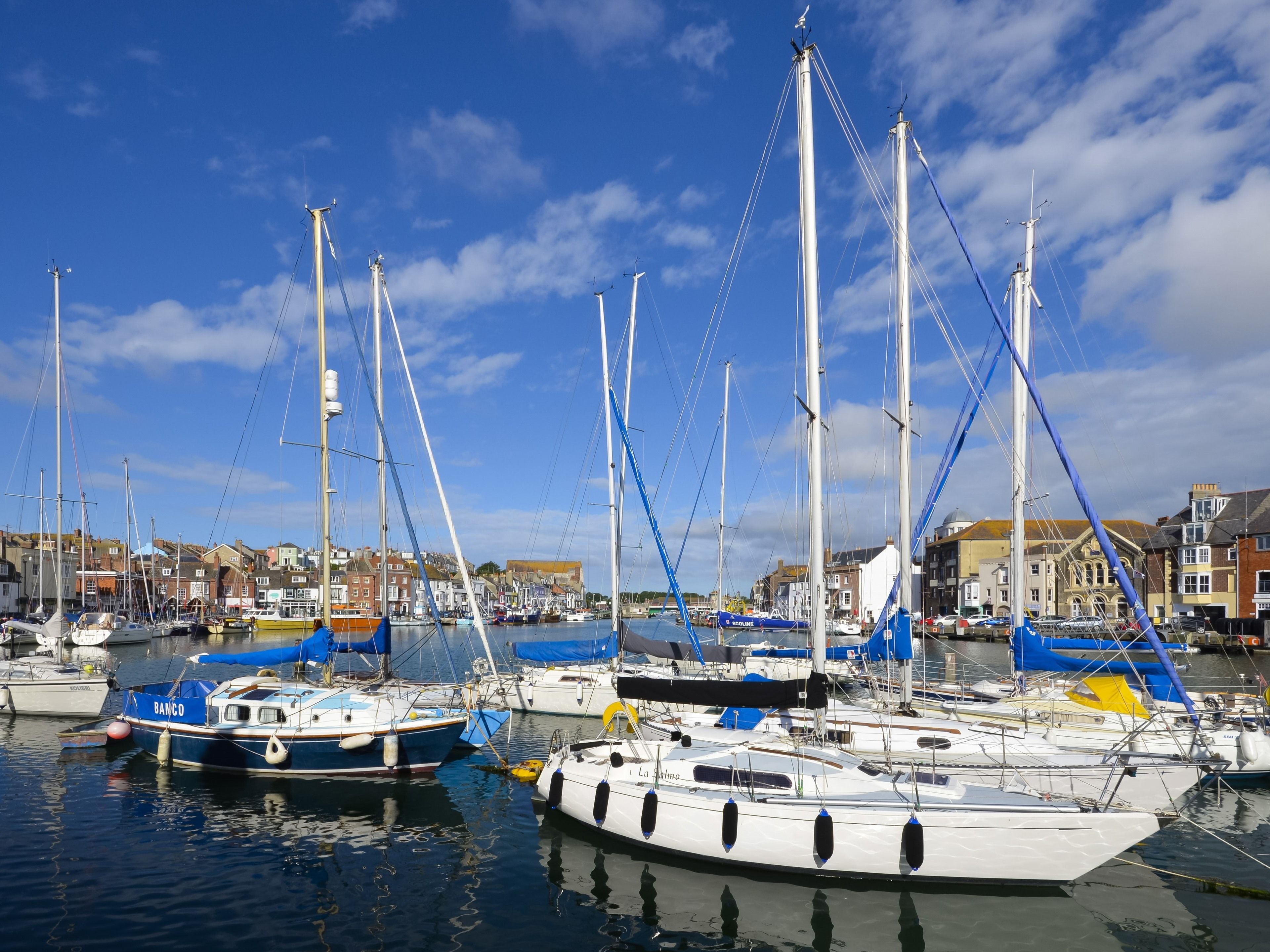 Un port de plaisance où sont amarrés de nombreux voiliers, entouré de bâtiments et surplombé par un ciel bleu clair.