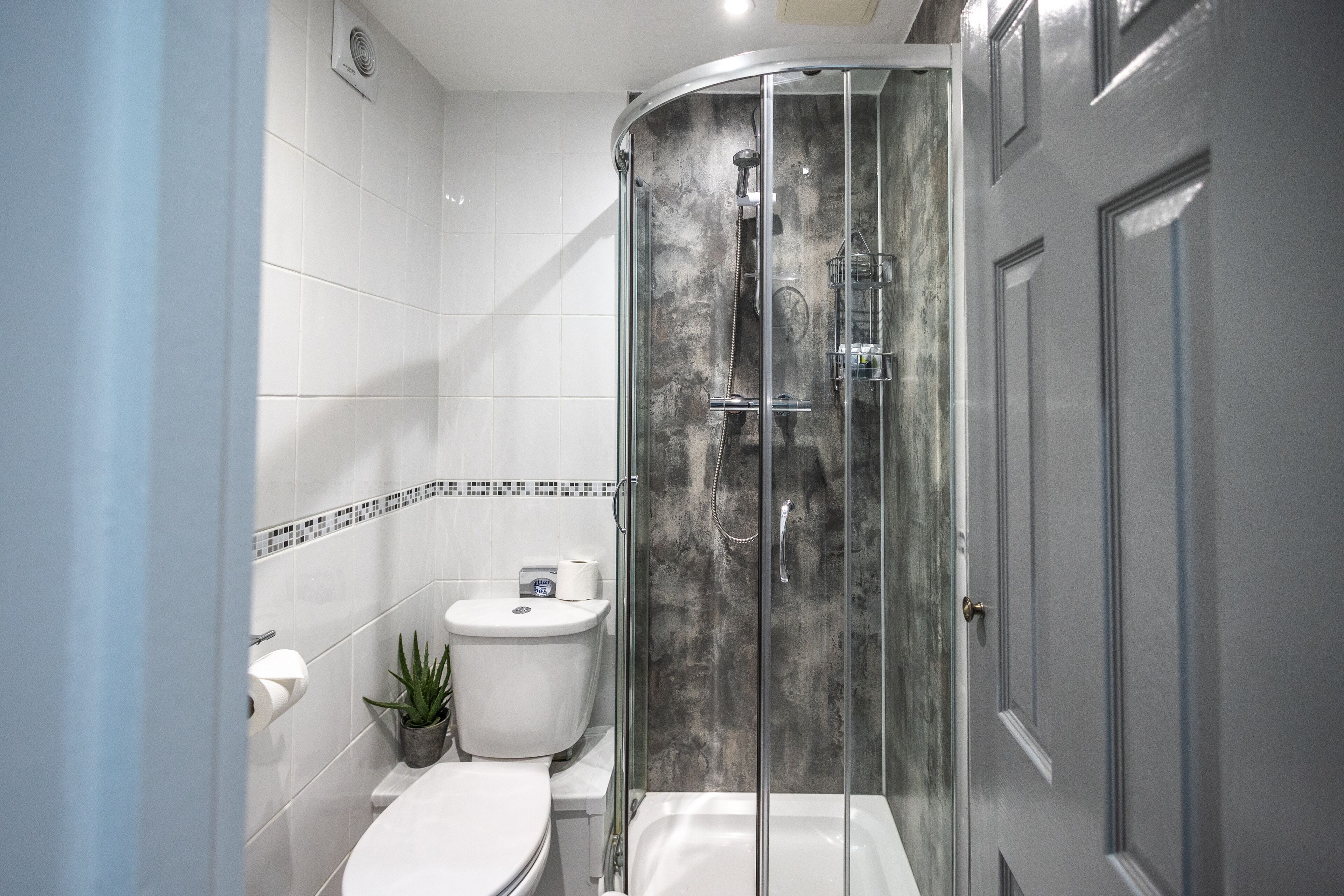 A modern bathroom with a glass-enclosed shower, a toilet, and a sink.